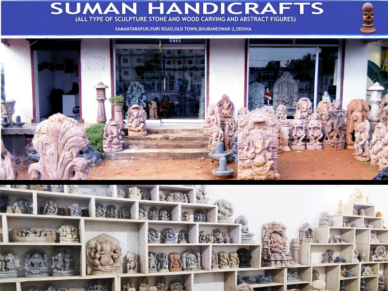 Suman Handicrafts workshop showing traditional stone carving tools and artisans at work